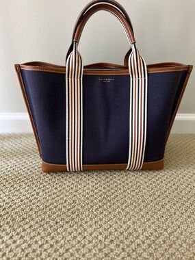 Tory Burch Navy Canvas Tote with Brown Leather Trim and Striped Handles